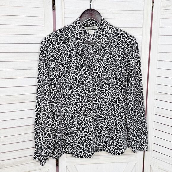 Notations Leopard Print Button Up Blouse White Black Small Long Sleeve Collared - Picture 7 of 11